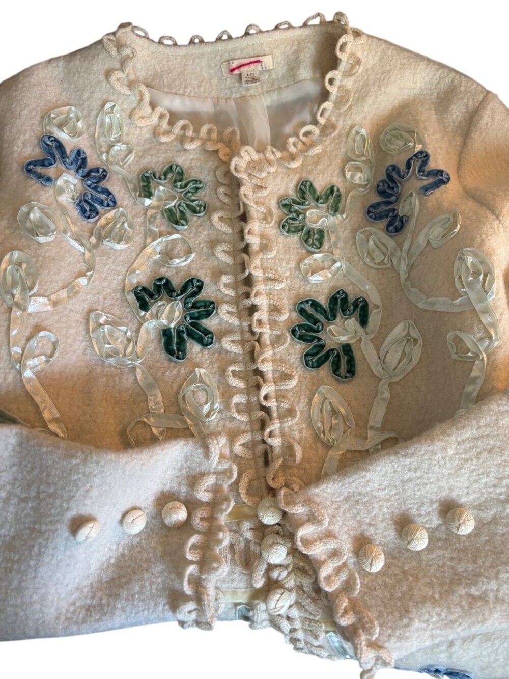Vintage Carson Embroidered Floral Beige Wool Jacket Coat Scalloped Trim Rare